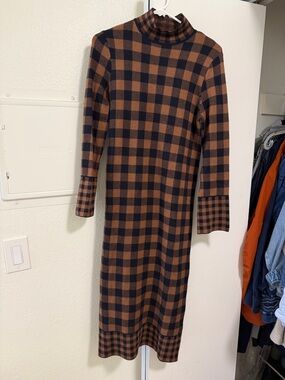 Zara Black and Brown Plaid Turtleneck Knit Dress